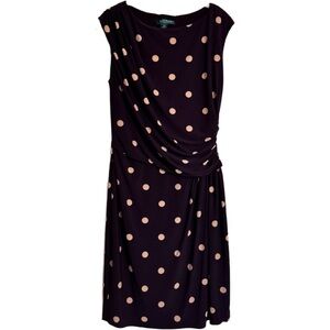 LAUREN Ralph Lauren Dress Liquid Knit Stretch Polka Dot Ruched Purple Tan Sz 10